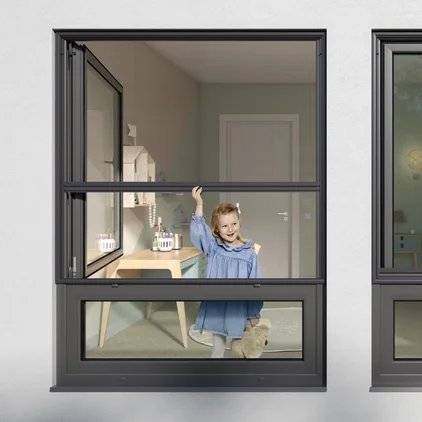 Illustration - Ihr Experte für schönes Wohnen - Insektenschutz ein junges Mädchen schiebt ein Insektenschutzrollo am Fenster nach oben
