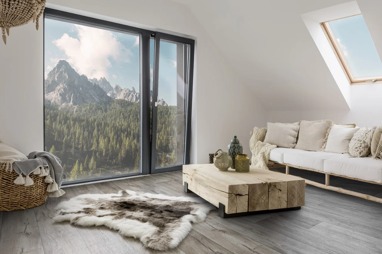 Ein Rentierfell Imitat liegt im Wohnzimmer auf einem Designboden - Ein Rentierfell Imitat liegt im Wohnzimmer auf einem Designboden